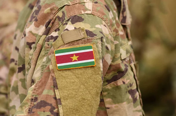 Suriname Zászlaja Katonák Kar Suriname Hadsereg Kollázs — Stock Fotó