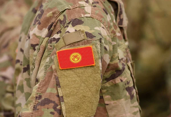Kirgisische Flagge Auf Dem Arm Der Soldaten Collage — Stockfoto