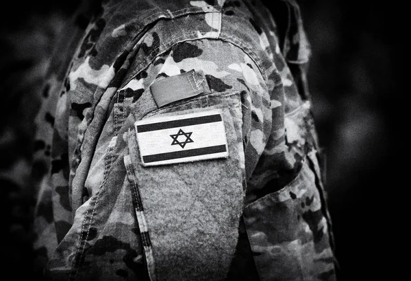 Israel flag on soldiers arm (collage).