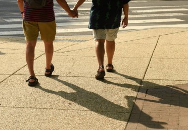 gay çift elele tutuşun. yürüyüş haritasında gay çift