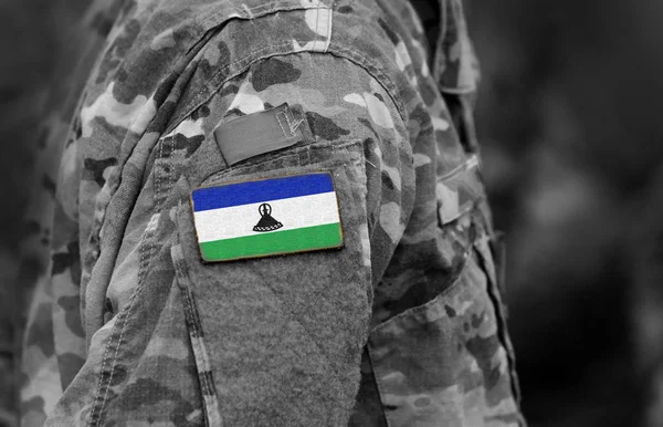Flag Lesotho Soldiers Arm Lesotho Flag Military Uniform Army Troops — Stock Photo, Image