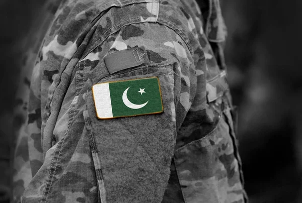 Flag of Pakistan on military uniforms. Pakistan flag on soldiers arm (collage).