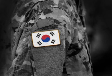 Flag of South Korea on soldiers arm. Flag of South Korea on military uniforms (collage). clipart