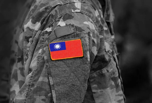 Flag of Taiwan on soldiers arm. Flag of Taiwan on military uniforms (collage).
