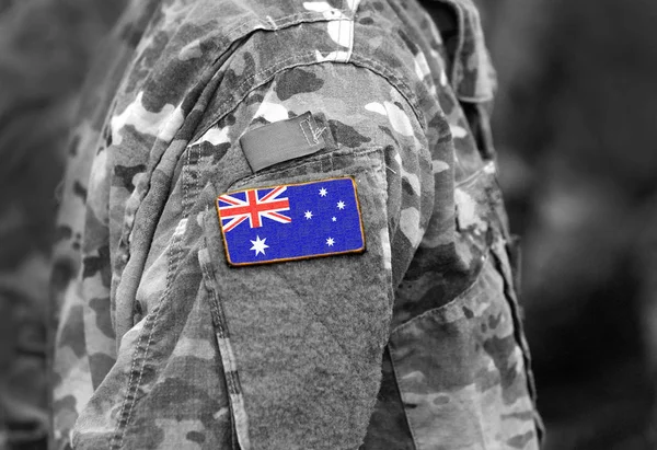 Bandera Australia Brazo Soldado Bandera Australia Sobre Uniformes Militares Collage — Foto de Stock