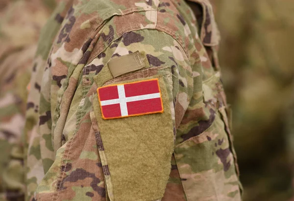 Dánia Lobogója Katonák Kar Katonai Egyenruha Kollázs Dánia Zászlaja — Stock Fotó