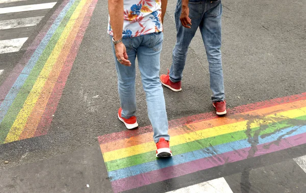 Zebra geçiş ve yolda bir gökkuşağı bayrağı. Lgbt — Stok fotoğraf