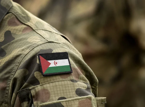 Bandera de la República Árabe Saharaui Democrática con uniforme militar . — Foto de Stock