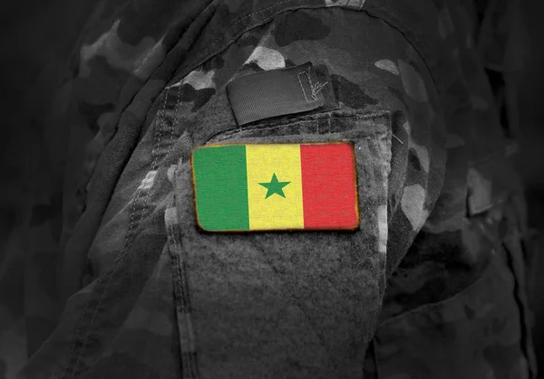 Szenegál zászlaja katonai egyenruhában. Hadsereg, katonák, katonák.. — Stock Fotó
