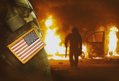 US soldier and silhouette of a man front of the burning car. unrest, anti-government, Collage.  clipart