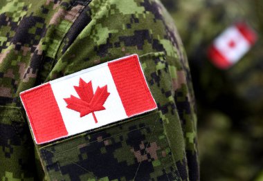 Askeri üniformada Kanada bayrağı. Kanadalı askerler. Kanada Ordusu. Anma Günü. Haşhaş günü. Kanada Günü. 