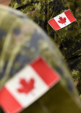 Kanada Günü. Askeri üniformada Kanada bayrağı ve kırmızı akçaağaç yaprağı. Kanadalı askerler. Kanada Ordusu. Kanada yaprağı. Anma Günü. Gelincik günü. 