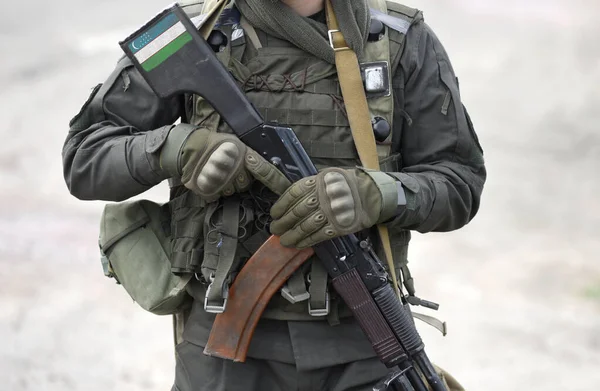 Flag Uzbekistan Assault Rifle Butt Military Army Armed Forces Soldiers — Stockfoto
