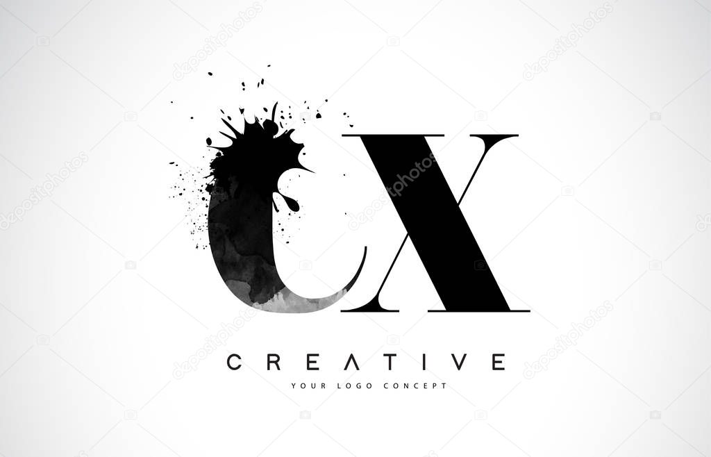 CX C X Letter Logo Design with Black Ink Watercolor Splash Spill Vector Illustration.