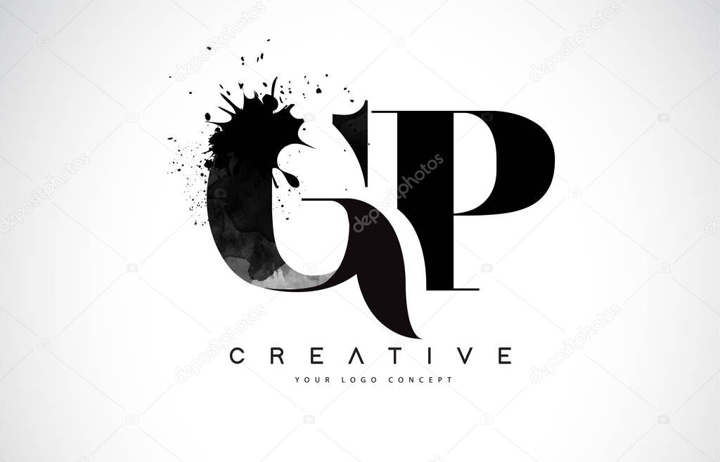 GP G P Letter Logo Design with Black Ink Watercolor Splash Spill Vector Illustration.