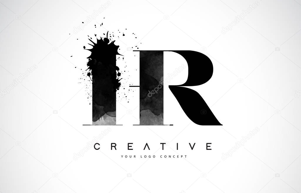 HR H R Letter Logo Design with Black Ink Watercolor Splash Spill Vector Illustration.