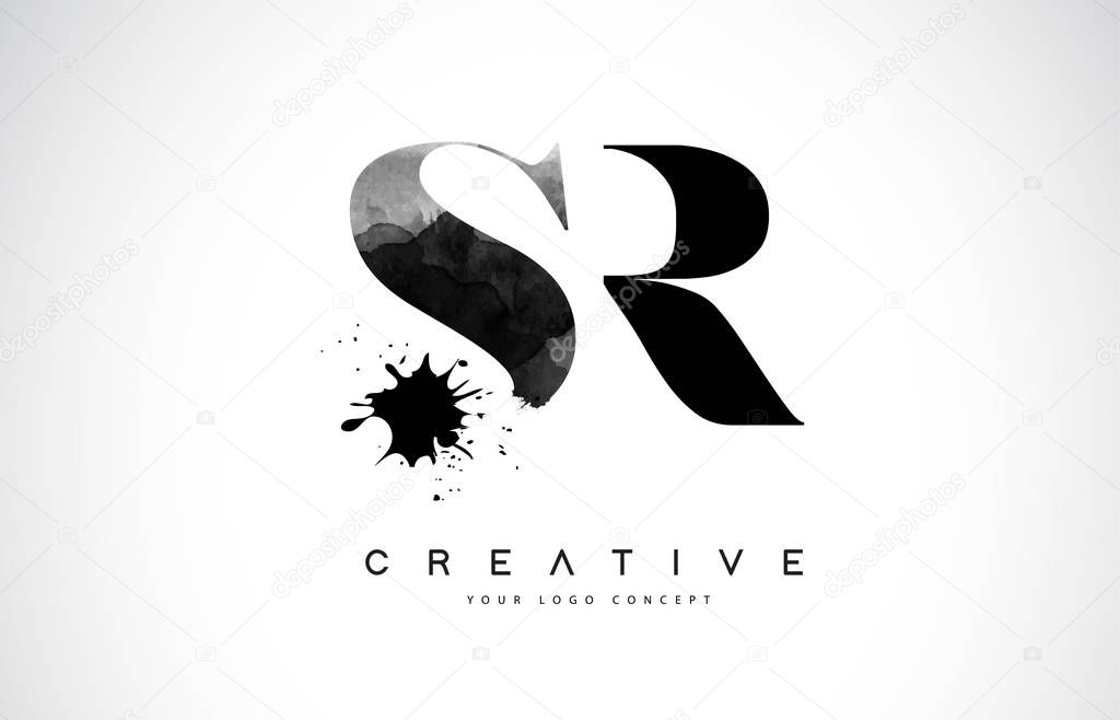 SR S R Letter Logo Design with Black Ink Watercolor Splash Spill Vector Illustration.