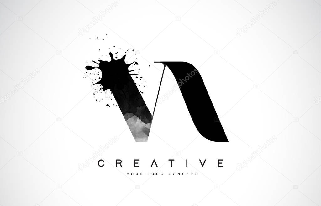 VA V A Letter Logo Design with Black Ink Watercolor Splash Spill Vector Illustration.