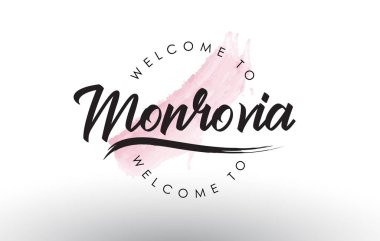 Monrovia metin pembe suluboya fırça konturu vektör çizim ile hoş geldiniz.