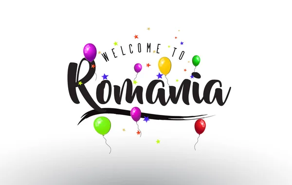罗马尼亚欢迎使用彩色气球和星星设计向量插图的文本 — 图库矢量图片