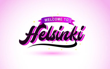 Helsinki ile mor pembe renk tasarlamak vektör yaratıcı hoş geldiniz metni el yazısı yazı tipi.