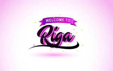 Riga ile mor pembe renk tasarlamak vektör yaratıcı hoş geldiniz metni el yazısı yazı tipi.