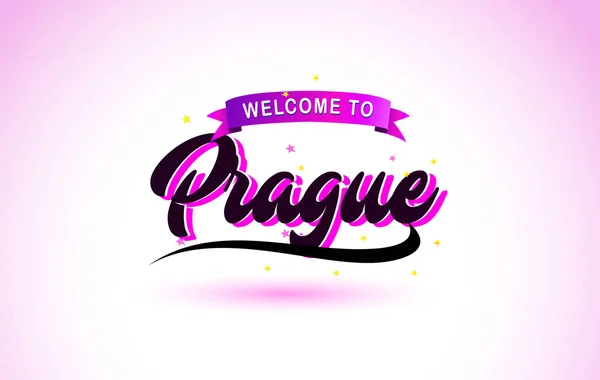 Praga Bienvenido Creative Text Fuente Manuscrita Con Púrpura Rosa Colores — Vector de stock
