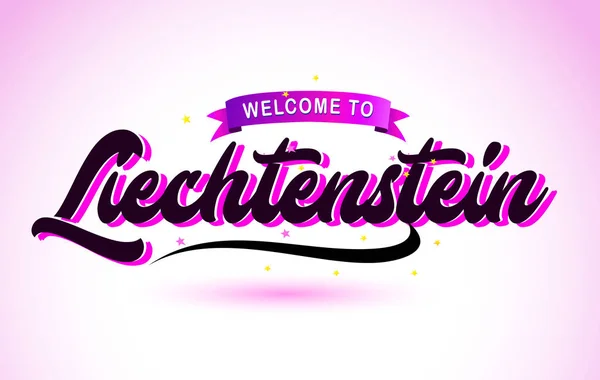 Liechtenstein Bienvenido Creative Text Fuente Manuscrita Con Púrpura Rosa Colores — Vector de stock