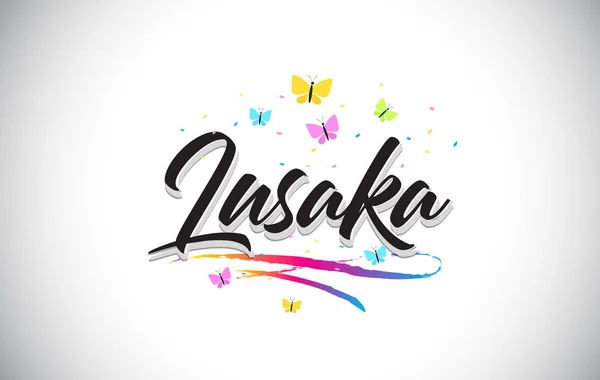 Lusaka manuscrito vetor texto da palavra com borboletas e colorfu — Vetor de Stock
