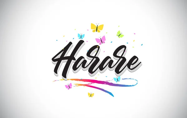 Harare Texto de palabra vectorial manuscrito con mariposas y colorfu — Vector de stock