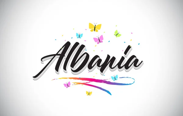 Albanien handskrivna vektor Word Text med fjärilar och färgglada — Stock vektor