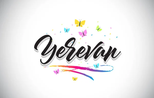 Ereván Texto de la palabra vectorial manuscrita con mariposas y colorf — Vector de stock