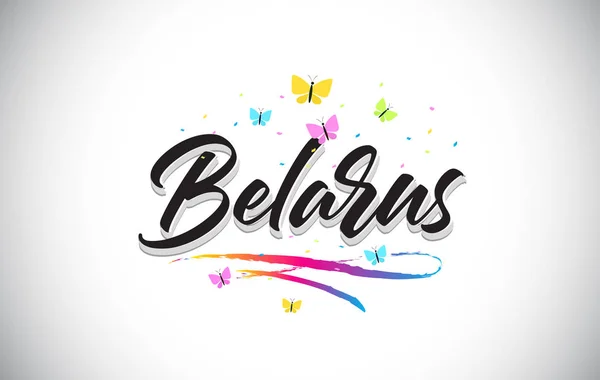 Biélorussie Texte vectoriel manuscrit avec papillons et colorf — Image vectorielle
