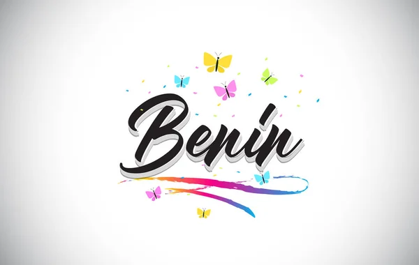 Benin handskrivna vektor Word Text med fjärilar och färgglada — Stock vektor