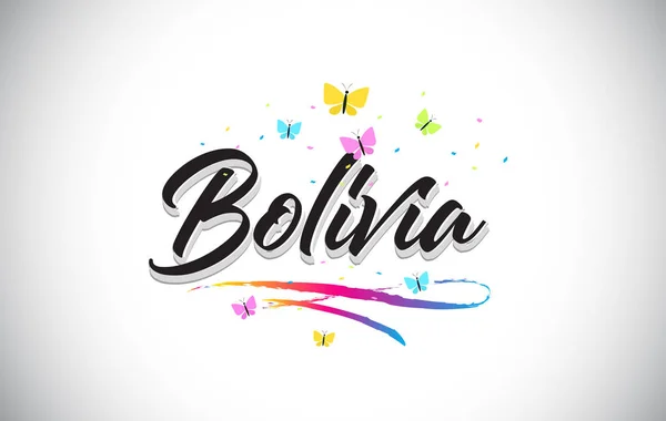 Bolivia Texto de palabra vectorial manuscrito con mariposas y color — Vector de stock