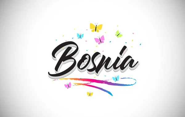 Bosnia Texto manuscrito de la palabra vectorial con mariposas y colorfu — Vector de stock