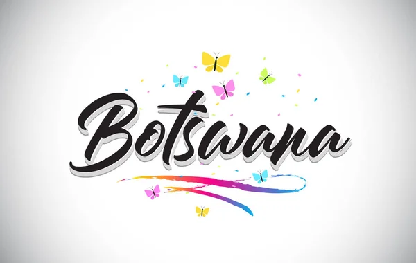 Botswana Texto de palabra vectorial manuscrito con mariposas y color — Vector de stock