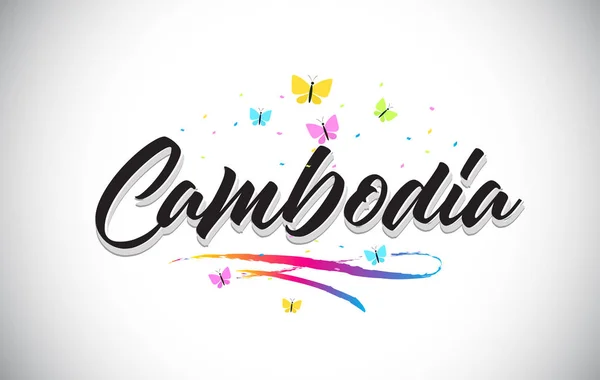 Kambodja handskrivna vektor Word Text med fjärilar och färg — Stock vektor