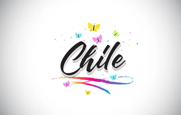 Chile manuscrito vetor texto da palavra com borboletas e colorido — Vetor de Stock