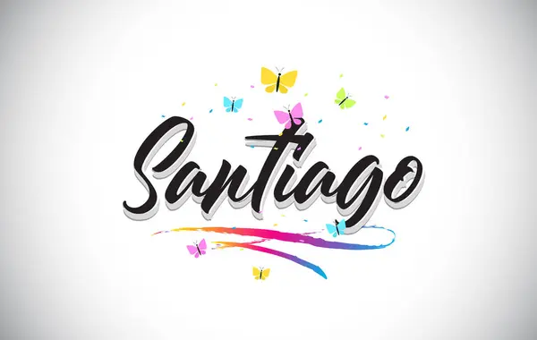Santiago kézírásos vektor szó szöveg pillangók és a szín — Stock Vector