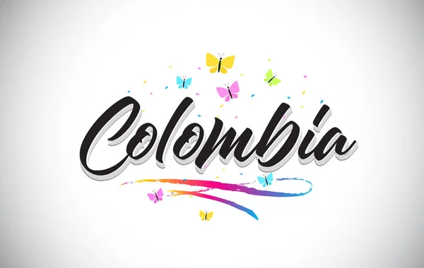 Colombia Texto manuscrito de la palabra vectorial con mariposas y color — Vector de stock