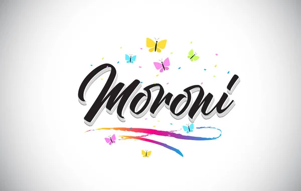 Ο Μορόνι χειρόγραφο κείμενο λέξη διάνυσμα με πεταλούδες και Πολ — Διανυσματικό Αρχείο