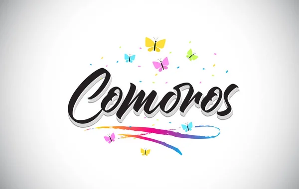 Comores Texte vectoriel écrit à la main avec papillons et colorf — Image vectorielle
