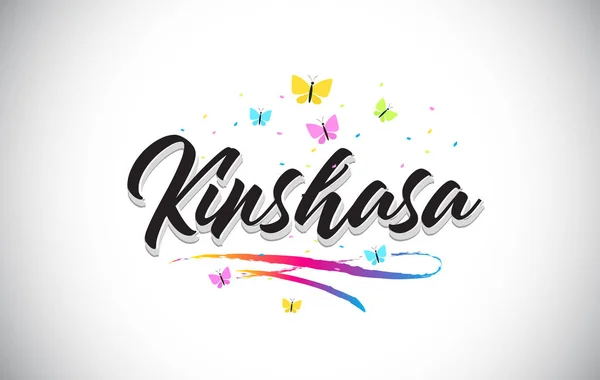 Kinshasa handskrivna vektor Word Text med fjärilar och färg — Stock vektor