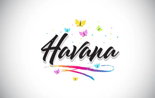 Havanna handgeschriebenen Vektor-Worttext mit Schmetterlingen und colorfu — Stockvektor