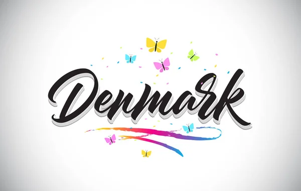 Dinamarca Vetor manuscrito Word Text with Butterflies and Color — Vetor de Stock