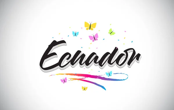 Ecuador kézírásos vektor szó szöveg, a pillangók és a színes téglákat — Stock Vector