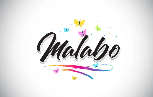 Malabo Texto manuscrito de palabra vectorial con mariposas y colorfu — Vector de stock