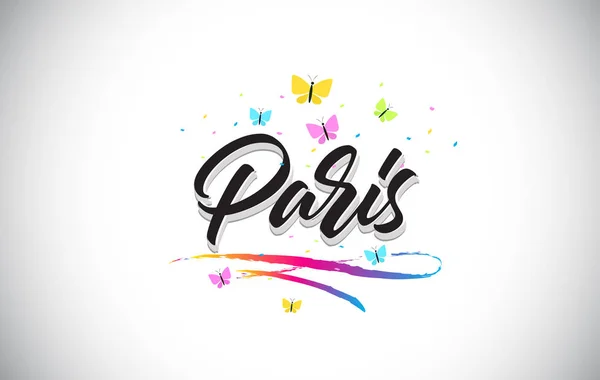 Paris Texte vectoriel manuscrit avec papillons et coloré — Image vectorielle