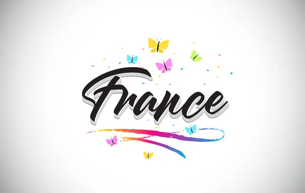 France Handwritten Vector Word Text with Butterflies and Colorfu — Stock Vector